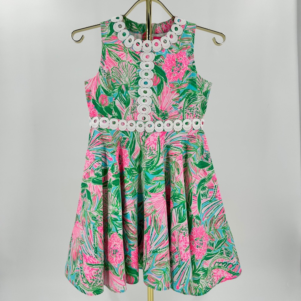 Lilly Pulitzer Girls Pink Green Floral Lace Trim Sleeveless Dress Size 12